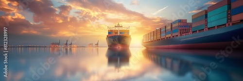 Majestic cargo ship filled with containers at sunset, showcasing global trade and shipping industry