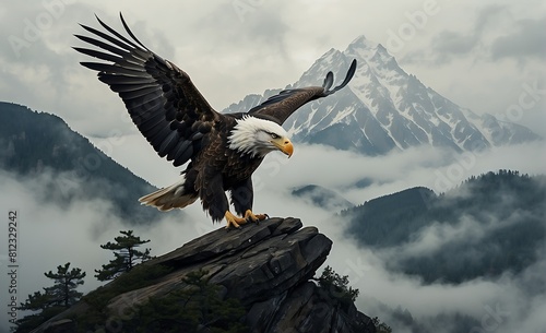 Bald Eagle on top of a rock in the foggy mountains