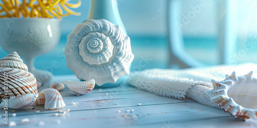 Coastal Inspiration Desk: A desk with sea-inspired decor, complete with a seashell vase and a beach towel, perfect for a creative professional by the ocean. (Blue) 