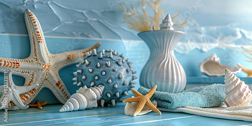 Coastal Inspiration Desk: A desk with sea-inspired decor, complete with a seashell vase and a beach towel, perfect for a creative professional by the ocean. (Blue) 