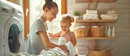 A kind little girl sits on a woman's lap and places towels in the open drum as a loving mother and her young daughter sat in the bathroom doing laundry at the washing machine.