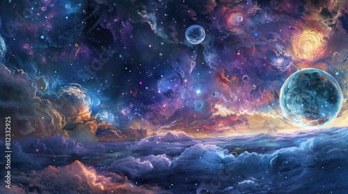 Celestial bodies swirling in a cosmic dance of planets and stars, painting the universe with light.