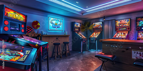 Retro Game Room: A throwback to the 80s or 90s, with classic arcade games, vintage pinball machines, and a retro bar, perfect for entertaining and reliving fond memories