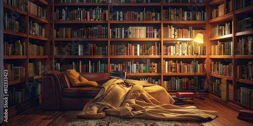 Cozy Reading Nook: A snug corner with comfortable seating, a warm blanket, and dim lighting, surrounded by bookshelves overflowing with literary classics and favorite reads