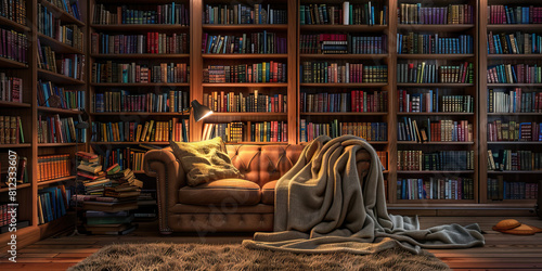 Cozy Reading Nook: A snug corner with comfortable seating, a warm blanket, and dim lighting, surrounded by bookshelves overflowing with literary classics and favorite reads