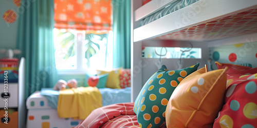 Vibrant Children's Room: A cheerful haven filled with bright colors and playful patterns, featuring a bunk bed with storage, colorful pillows, and fun wall decals to inspire imagination.