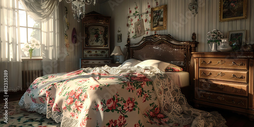 Vintage Bedroom: A cozy bed with floral sheets and an antique dresser, accessorized with lace doilies and a chandelier, creating a romantic atmosphere