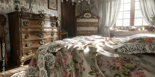 Vintage Bedroom: A cozy bed with floral sheets and an antique dresser, accessorized with lace doilies and a chandelier, creating a romantic atmosphere
