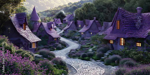 Violet Villages: A small, quaint town nestled in the foothills, with purple-roofed houses and winding cobblestone streets.