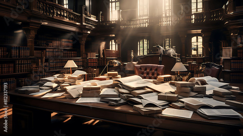 A legal team preparing for a major trial, surrounded by legal books and piles of case files.