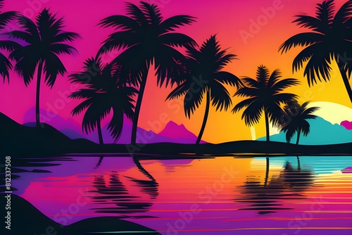 Dark palm trees silhouettes on colorful tropical ocean sunset background, vector illustration 