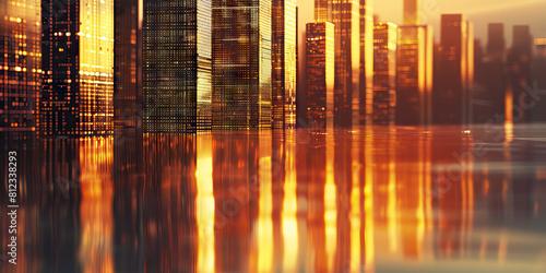 Golden Hour Reflections: The sun dipping below the horizon, casting warm light onto the rows of skyscrapers, creating a mirror-like reflection in the river below