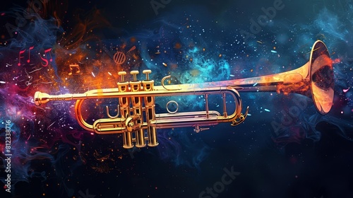 Imagine a jazz trumpets bell expelling a burst of colorful musical notes, set against a dark background with space for event details