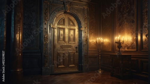 An ornate door bathed in warm candlelight
