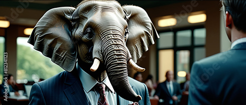 Anthropomorphic elephant dressed in a suit like a businessman. business concept.