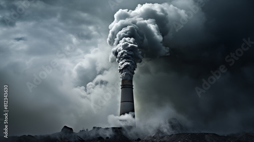 Global warming. A chimney billows gray black smoke pollution ignoring global warming