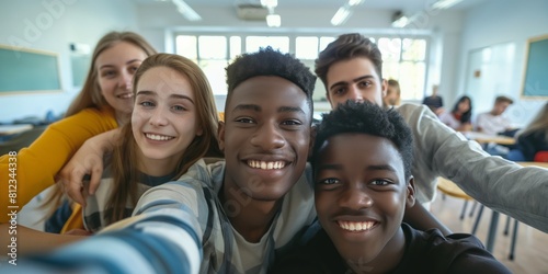 A group of diverse students captures a happy moment together with a selfie in a school setting