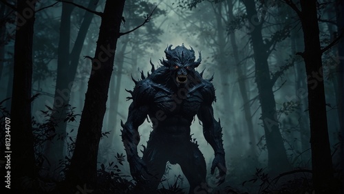 A menacing creature lurks in the foggy forest