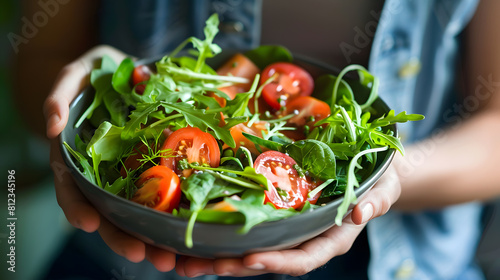 Woman holding a bowl of fresh salad with tomatoes and arugula