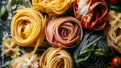 Artfully Arranged Pasta Shapes and Sauces Showcase Culinary Creativity and Flavors