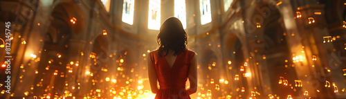 A woman in a red dress stands in a church, surrounded by floating musical notes. The light from the stained glass windows illuminates her face. She is at peace.