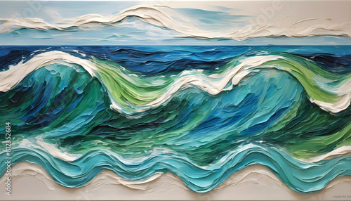 An abstract seascape capturing the essence of ocean waves in vibrant blues and greens, creating a dynamic and soothing visual experience. AI generated painting. 