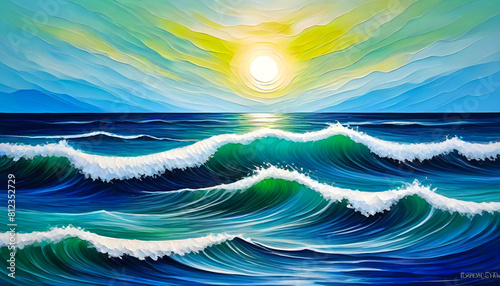 An abstract seascape capturing the essence of ocean waves in vibrant blues and greens, creating a dynamic and soothing visual experience. AI generated painting. 