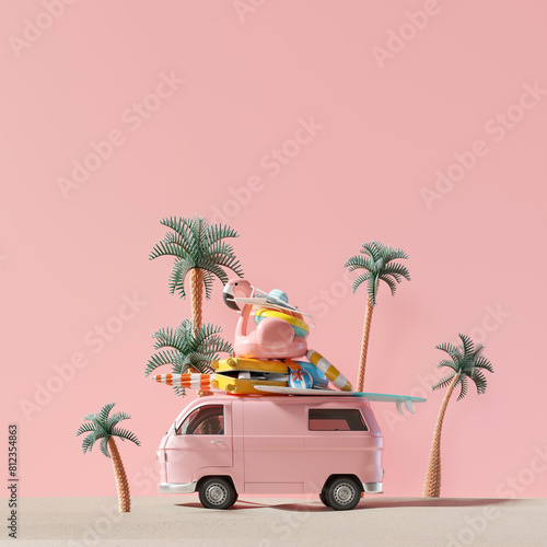 Summer vacation, travel holiday, van and beach accessories on pink background. 3d rendering 