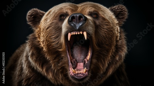A brown bear with its mouth open on a black background