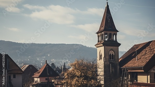 View of the bell tower of the black church in old brasov centre romania