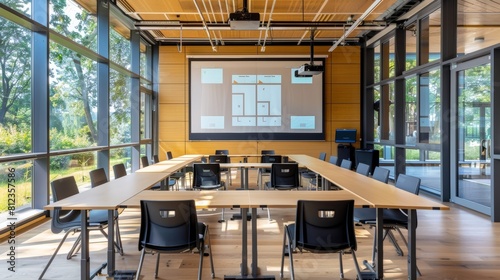 A modern teachers' meeting room with a large smartboard and modular furniture.