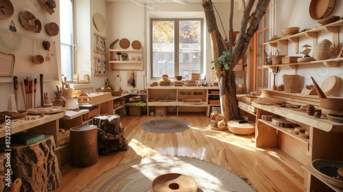 A Reggio Emilia-inspired classroom with natural materials and a light table.