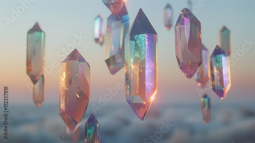 Levitating Iridescent Crystals in Serene Minimalist Atmosphere Ethereal 3D Rendering Channeling New Age Spirituality