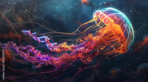 Imagine a surreal jellyfish with a rainbow of neon colors, its tentacles trailing light in a dark underwater setting