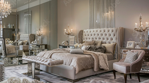 A glamorous Hollywood-inspired bedroom with a plush upholstered bed and mirrored furniture, accented by luxurious textiles and sparkling chandeliers, radiating opulence and elegance
