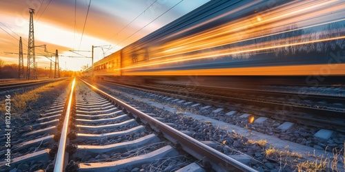 The dynamic motion of a high-speed train captured in a long exposure at sunset, reflecting modern transportation