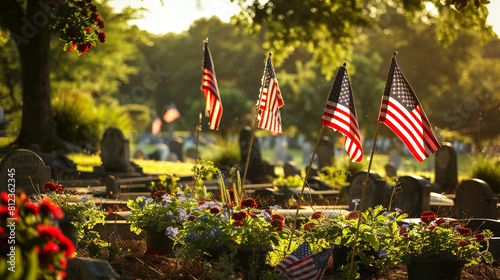  A group of volunteers placing flags at the graves of fallen soldiers in preparation for Memorial Day, paying tribute to their service and sacrifice