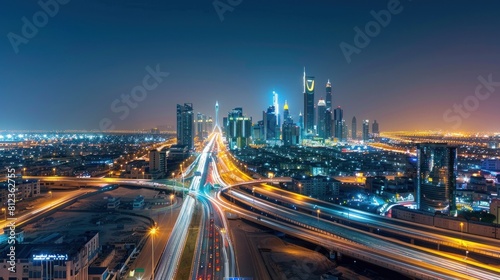 beautiful night view of a metropolitan city filled with sparkling skyscrapers and busy highways with lights of fast moving vehicles