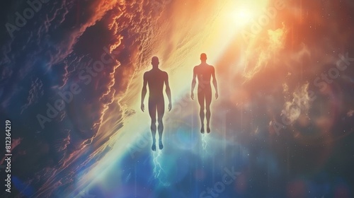 Souls levitate in heaven, exploring afterlife realms. Astral body concept, Ai Generated