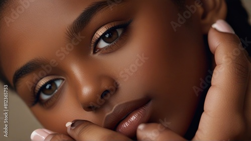 A strikingly radiant portrait of a young African American girl, her flawless ebony skin glowing with health and beauty.
