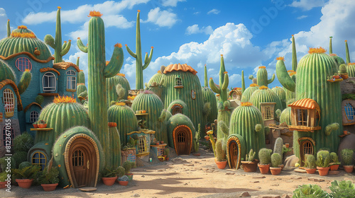 Surreal desert landscape with cacti houses