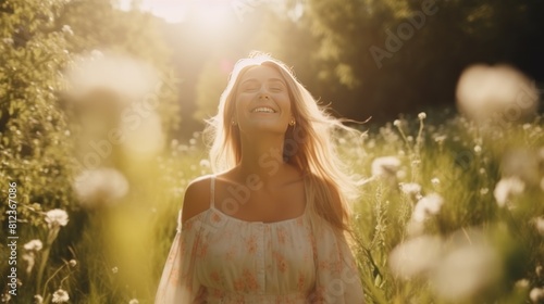 Love inside you. Happy woman surrounded by nature feels world around closes eyes taking deep breath. Smiling Caucasian woman enjoys freedom feeling happy with closed eyes and taking deep breath.