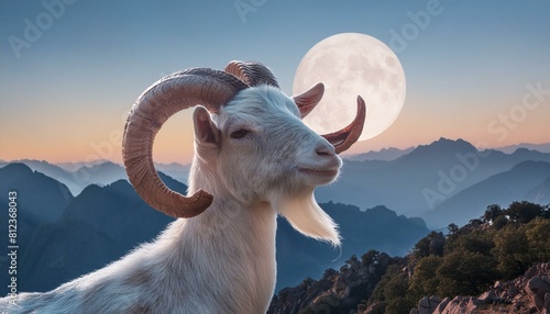 Eid-Moubarak person in the night, the devil and the moon, goat on the mountain, goat in the night, affiche de voeux de l'Aïd el-Moubarak, lune de chèvre et de croissant avec ciel nocturne