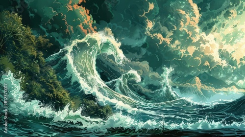 Illustration of a big tsunami ocean waves caused by earthquakes or undersea volcanic eruptions