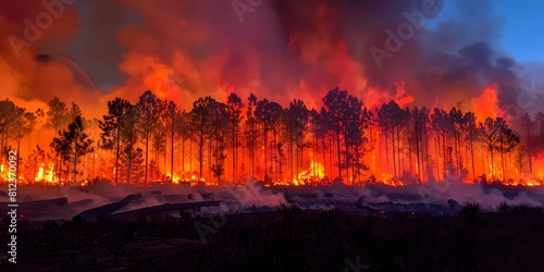 Massive forest fire engulfs pine groves destroying trunks and covering area. Concept Forest Fire, Natural Disaster, Pine Groves, Destruction, Environmental Crisis