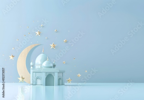 3d mosque with moon and stars on light blue background, Eid Ul Adha Mubarak, Islam religion