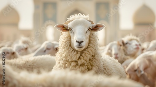 Closeup of sheep's looking at camera with mosque in background, Eid Ul Adha mubarak sacrifice qurbani islam religion concept