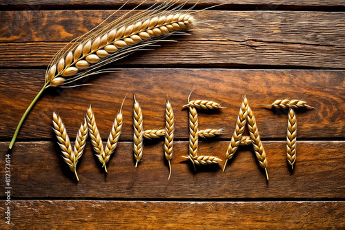 3d render illustration of a sheaf of wheat and the word text WHEAT spelled out with individual wheat stalks rest on a wooden table