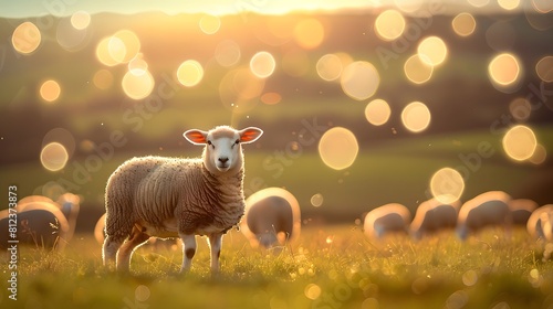 Sheep stands on grass, looking at camera, Eid Ul Adha mubarak sacrifice qurbani islam religion concept
