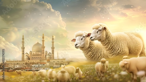 Closeup of sheep's looking at camera with mosque in background, Eid Ul Adha mubarak sacrifice qurbani islam religion concept